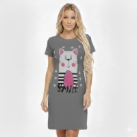 قميص نوم نسائي قصير الأكمام من القطن، بطبعة قطة مبتسمة مع قلوب، مقاس موحد حتى 85 كيلو