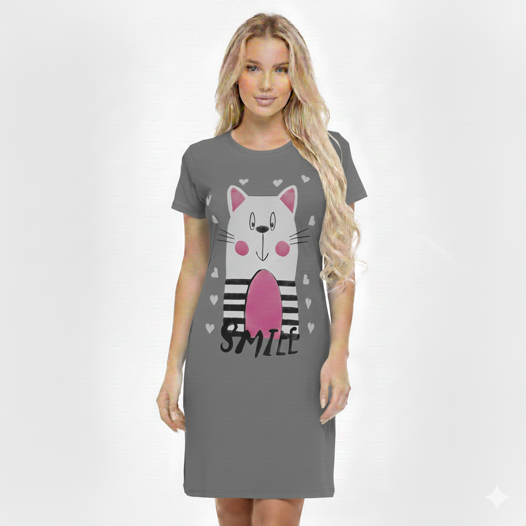 قميص نوم نسائي قصير الأكمام من القطن، بطبعة قطة مبتسمة مع قلوب، مقاس موحد حتى 85 كيلو