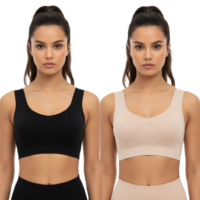 حمالة صدر رياضية ناعمة للنساء، متعددة الألوان، قطن -2 قطع، بفتحة رقبة واسعة دائرية وحمالات عريضة، للجيم واليوجا