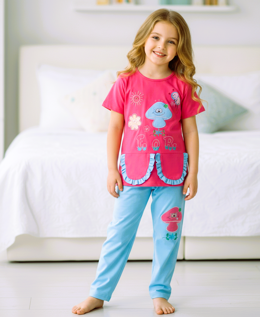 بيجاما بناتي بطباعة لطيفة  تيشيرت نص كم وبنطلون خامة ليكرا قطن ناعمة مريحة بتصميم عصري مناسبة للنوم والبيت