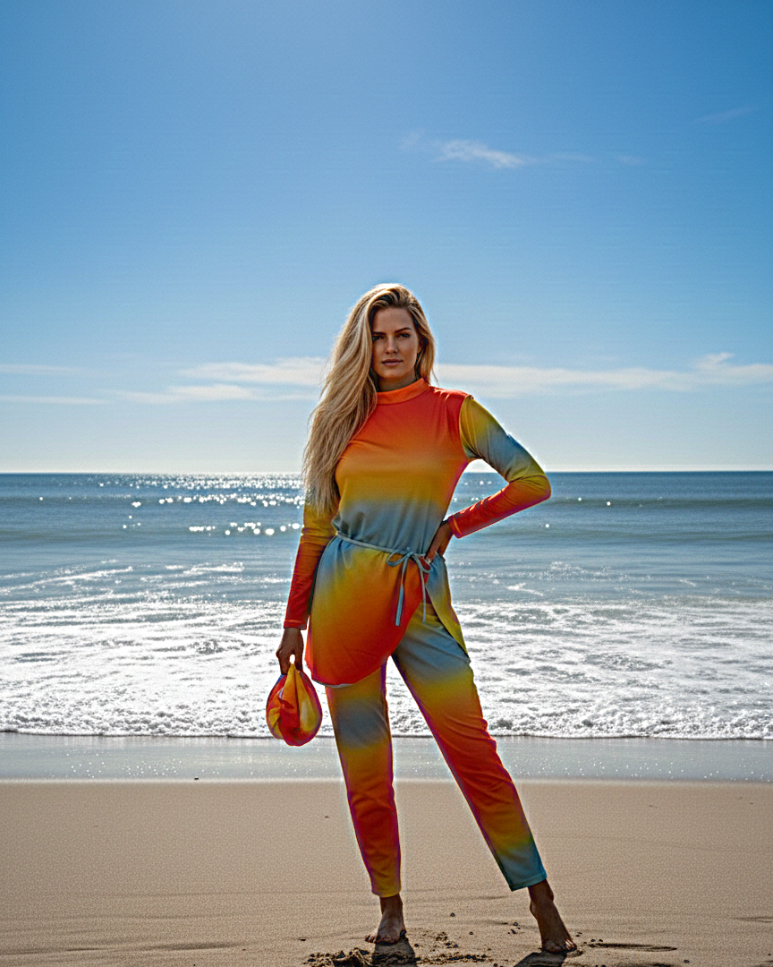 مايوه شرعي بوركيني للنساء مكوّن من 5 قطع بنطال ومايوه بكم وجيبه قصيره وكاش شيفون مقاوم للماء وتربونه