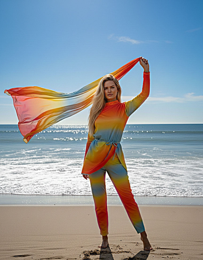 مايوه شرعي بوركيني للنساء مكوّن من 5 قطع بنطال ومايوه بكم وجيبه قصيره وكاش شيفون مقاوم للماء وتربونه