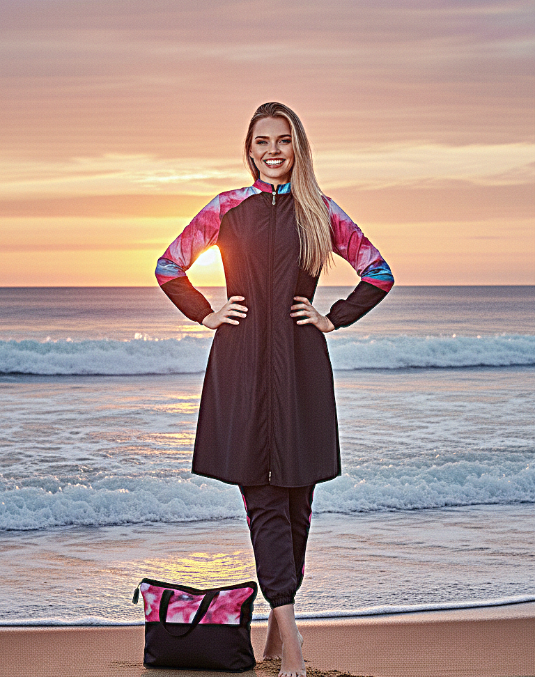 بوركيني سباحة نسائي بدلة سباحة كاملة بموديل أنيق وخامة مرنة، مثالية للشاطئ والمسبح