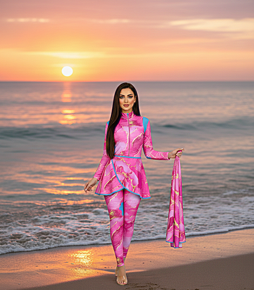 Gemini_Generated_Image_hp4thfhp4thfhp4t مايوه بوركيني 5 قطع مايوه +بنطلون + سكيرت + تربونة + سكارف