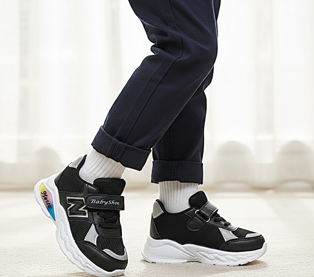 Gemini_Generated_Image_kl7nc6kl7nc6kl7n حذاء أطفال مزيج مثالي من الجلد والقماش،يجمع بين المتانة والمرونة لتناسب جميع مغامراتهم اليومية!