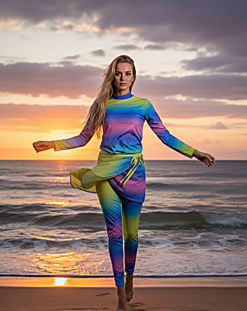 مايوه شرعي بوركيني للنساء مكوّن من 5 قطع بنطال ومايوه بكم وجيبه قصيره وكاش شيفون مقاوم للماء وتربونه