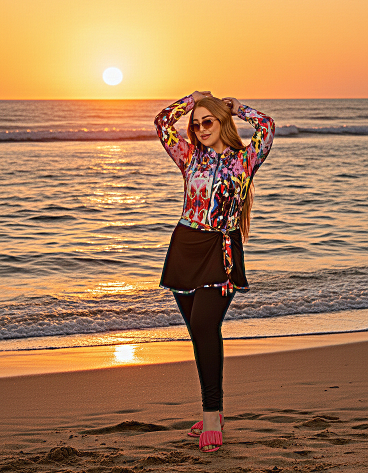 مايوه بوركيني المكون من 3 قطع ( جيمبسوت، سكيرت، وتربونة)سباحة بثقة وأناقة