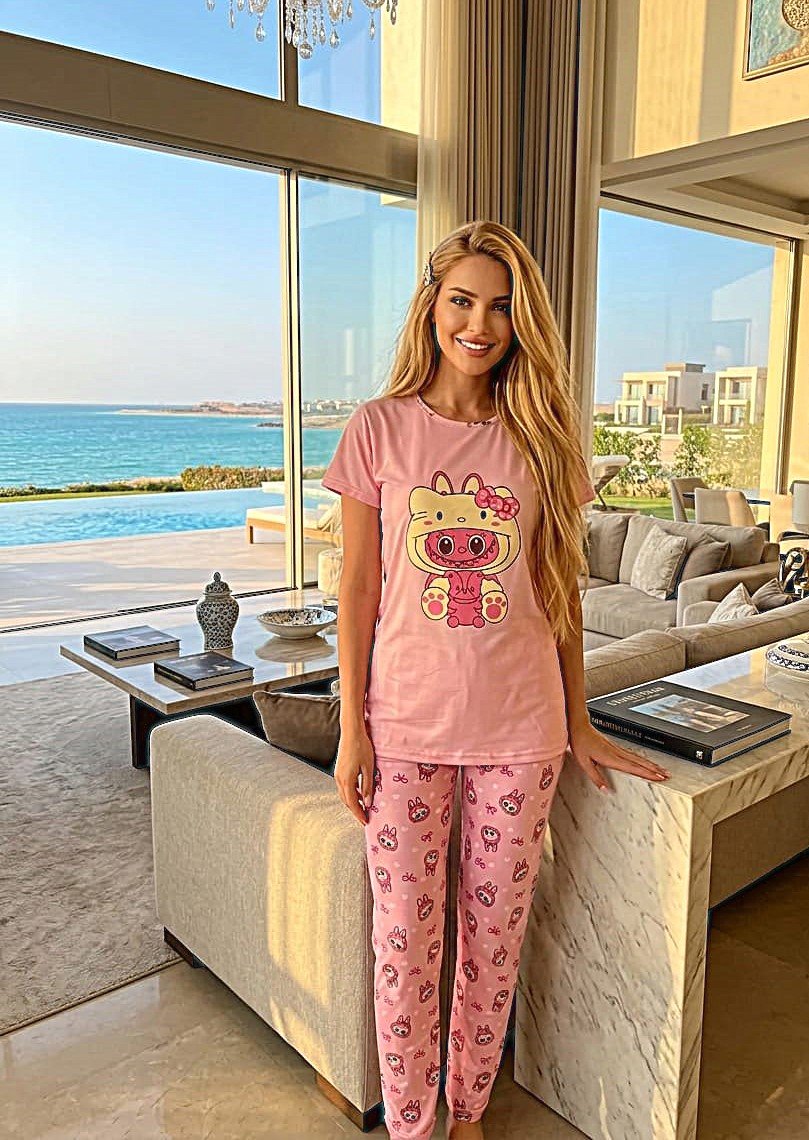 **بيجاما حريمي لابوبو قطعتين تيشرت نصف كم وبنطلون مثالية للخفة و المرح**