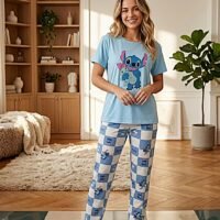 4 بيجاما ستيتش صيفي كاجوال قطعتين للنساء مقاس موحد قطن ليكرا