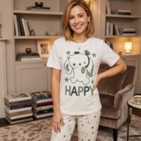 بيجامة صيفي كاجوال قطعتين للنساء مقاس موحد قطن ليكرا