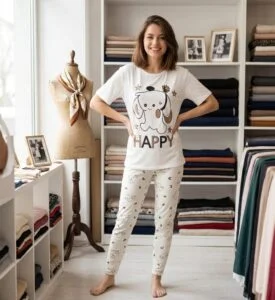 بيجامة صيفي كاجوال قطعتين للنساء مقاس موحد قطن ليكرا