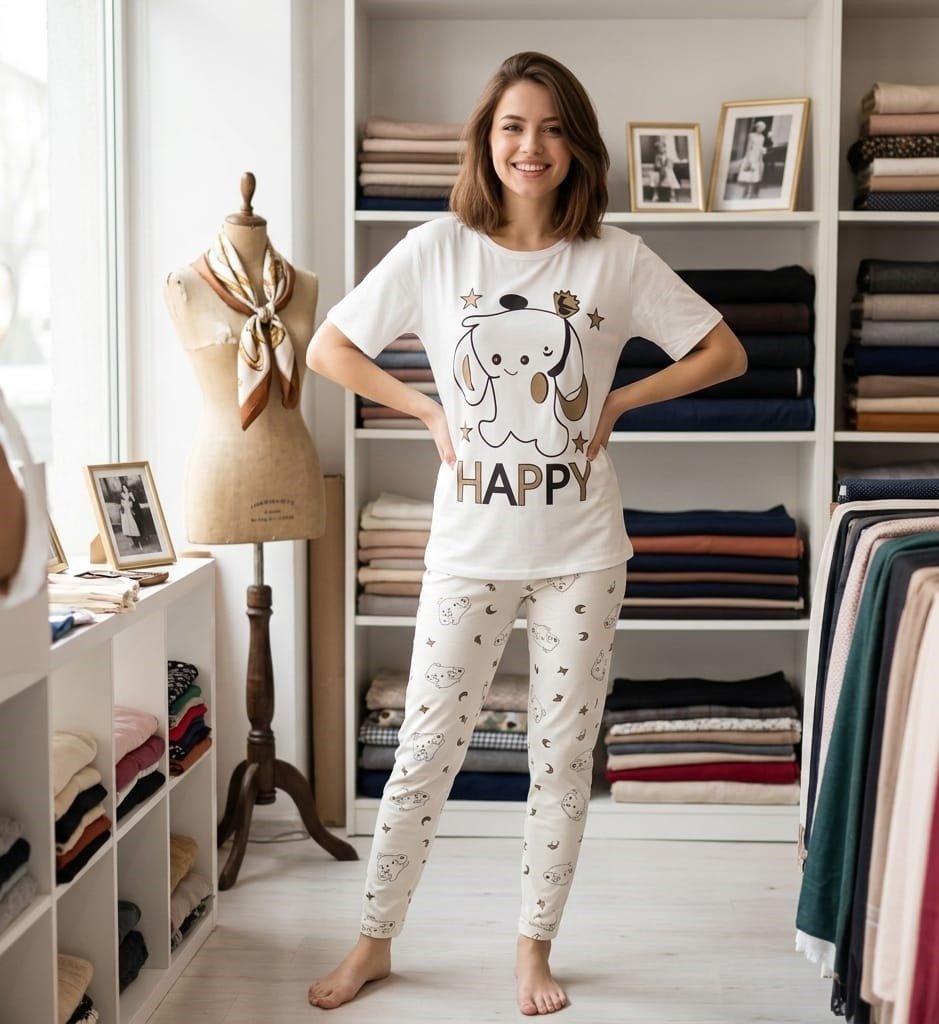 بيجامة صيفي كاجوال قطعتين للنساء مقاس موحد قطن ليكرا