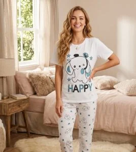 بيجامة صيفي كاجوال قطعتين للنساء مقاس موحد قطن ليكرا