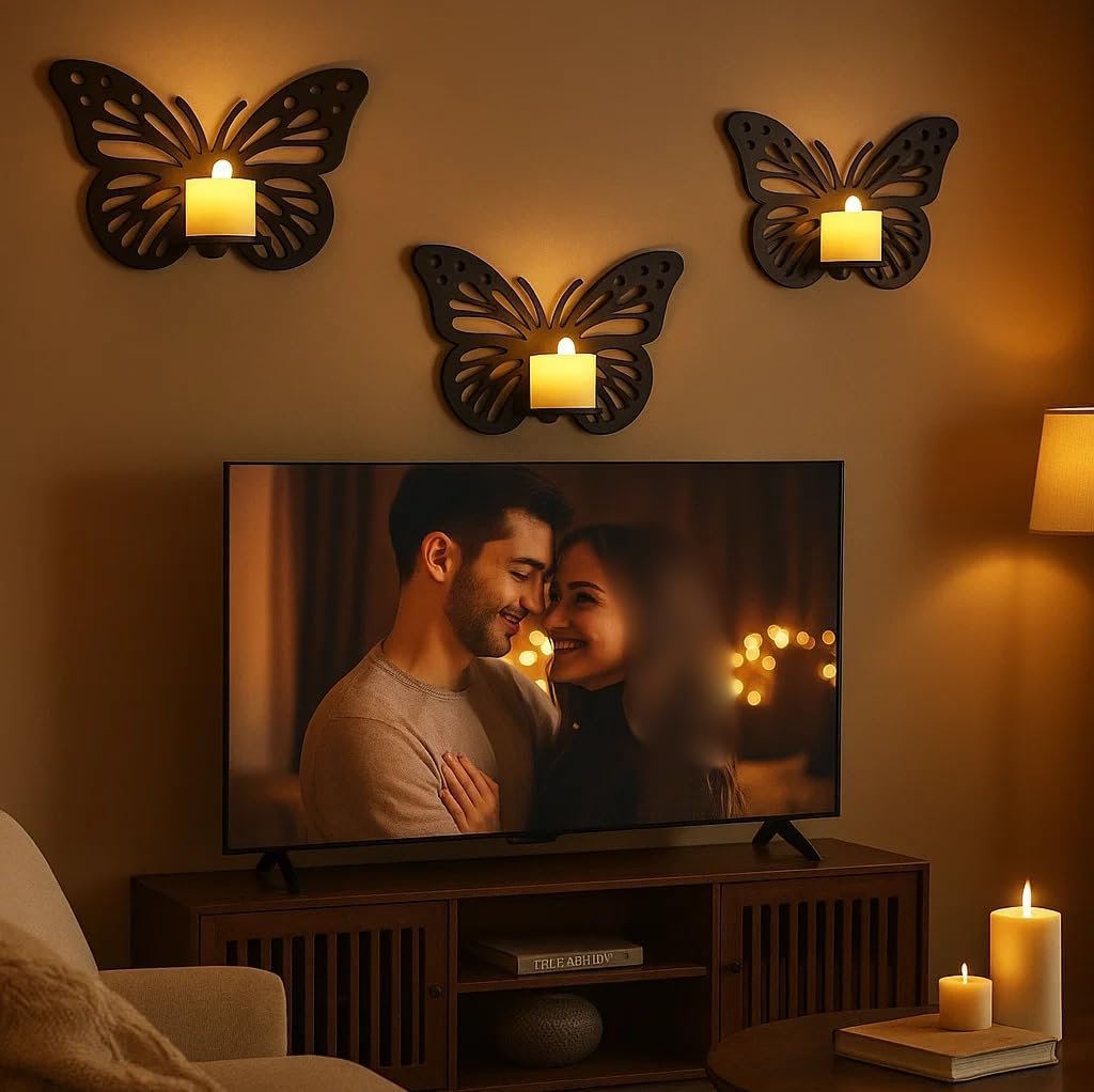 ديكور حائط  مودرن بتصميم فراشات مضيئة  لوحات خشبية MDF فاخر 4 مم - 3 مقاسات بدون شمع - تركيب سهل وسريع