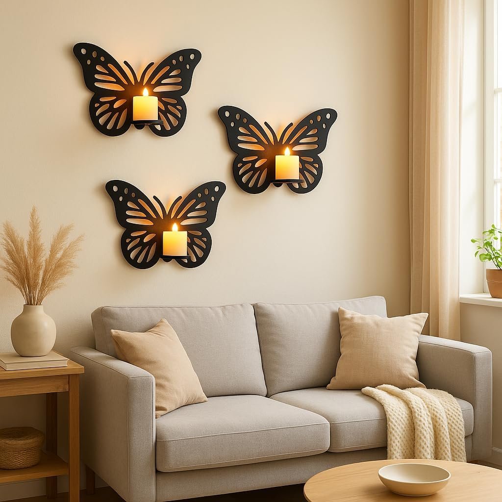 ديكور حائط  مودرن بتصميم فراشات مضيئة  لوحات خشبية MDF فاخر 4 مم - 3 مقاسات بدون شمع - تركيب سهل وسريع