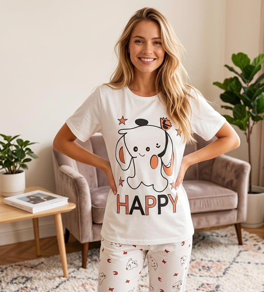 بيجامة صيفي كاجوال قطعتين للنساء مقاس موحد قطن ليكرا