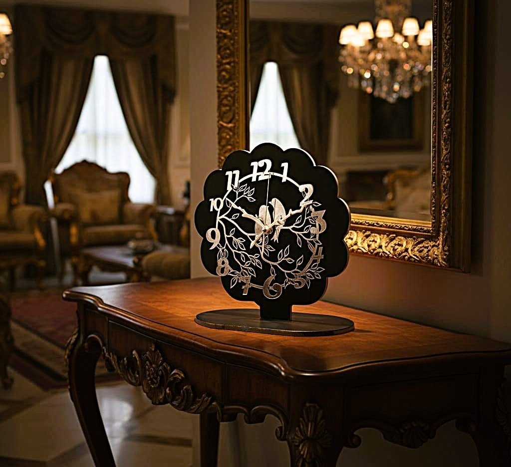 ساعة ديكور  أنيقة ، خشب + اكريليك ، اسود، تناظري - لأرقي منزل أو مكتب