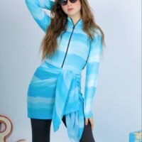 مايوه بناتي قطعتين سوت بكم كامل وبنطلون وشال باللون الأزرق السماوي الملائكي