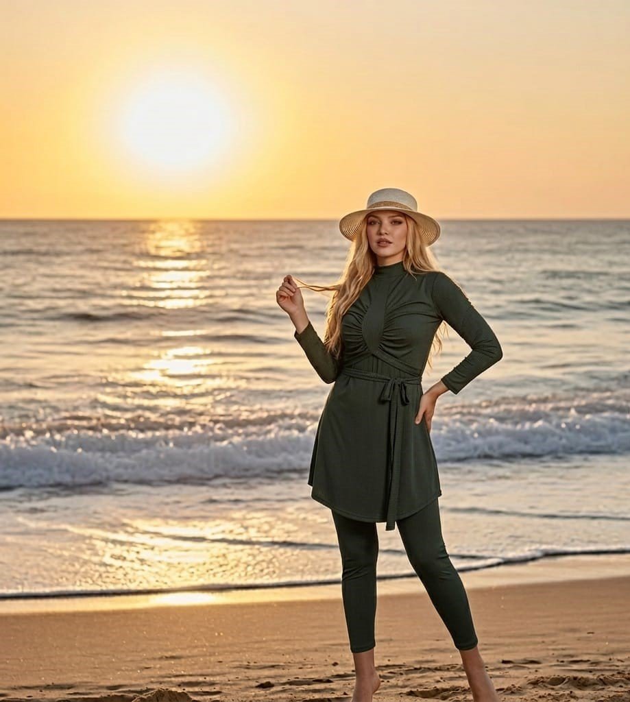 C مايوه بوركيني المكون من 3 قطع ( توب طويل، جمبسوت كت مريح، وغطاء رأس أنيق)سباحة بثقة وأناقة