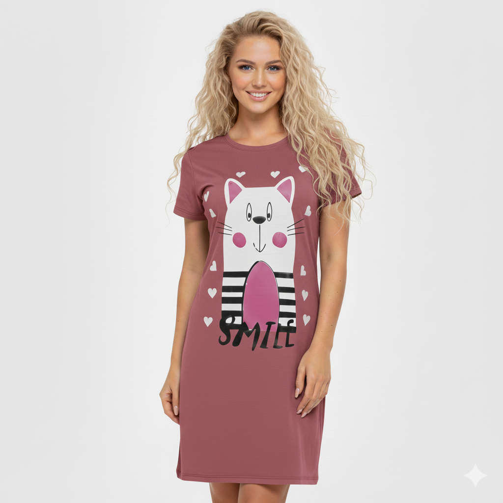 Gemini_Generated_Image_dn23mudn23mudn23-1.png قميص نوم نسائي قصير الأكمام من القطن، بطبعة قطة مبتسمة مع قلوب، مقاس موحد حتى 85 كيلو