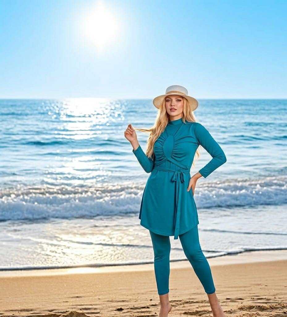 مايوه بوركيني المكون من 3 قطع ( توب طويل، جمبسوت كت مريح، وغطاء رأس أنيق)سباحة بثقة وأناقة