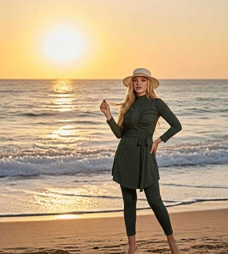 مايوه بوركيني المكون من 3 قطع ( توب طويل، جمبسوت كت مريح، وغطاء رأس أنيق)سباحة بثقة وأناقة